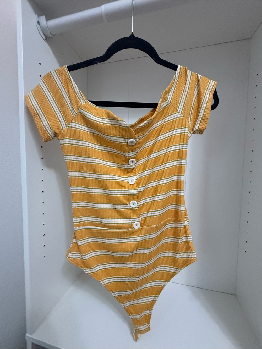 Fashion Nova Yellow Stripe Ribbed Button-Front Bodysuit